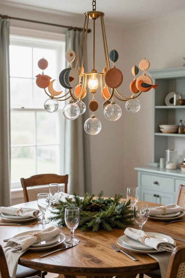 Gold metal chandelier with hanging terracotta clay birds, moons, circles, and clear glass balls above a round wooden dining table set with white plates, linen napkins tied with twine, wine glasses, and a green fir wreath centerpiece in a pale blue and white dining room.