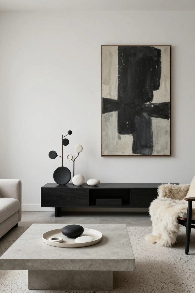 Modern living room interior with white walls, tall abstract black and white painting, black wood console table holding black dish and white spheres, concrete coffee table with white tray containing black orb and rings, gray sofa, and sheepskin armchair.