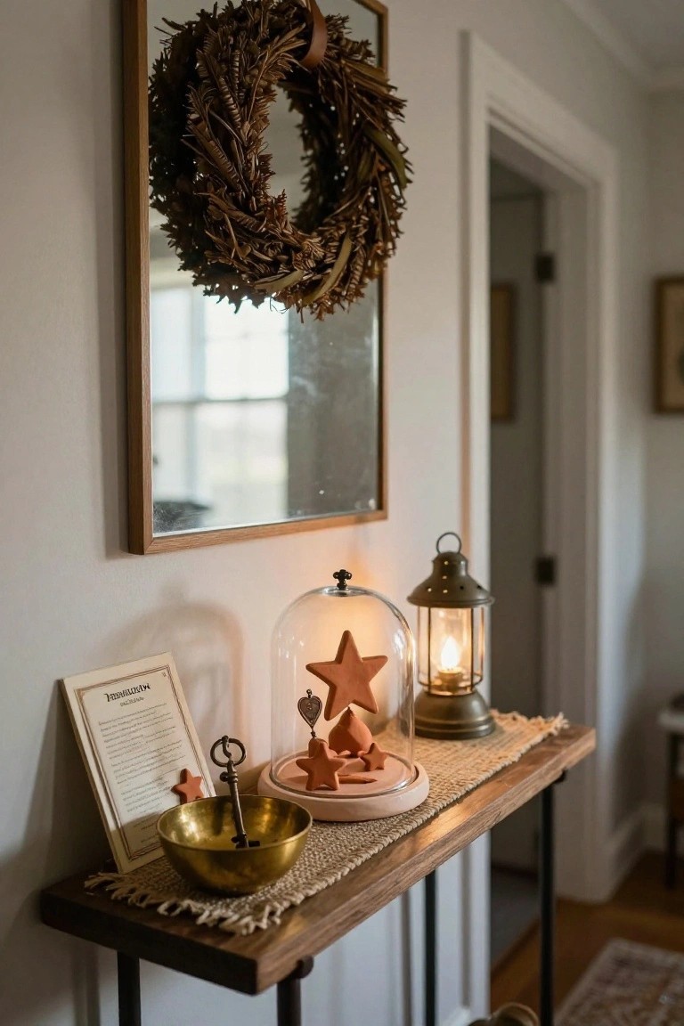 Close-up of a rustic wooden console table in a light hallway displaying a glass dome over orange terracotta star ornaments, a brass bowl holding a skeleton key, a folded vintage document, and a lit brass lantern beside a mirror hung with a wheat wreath.