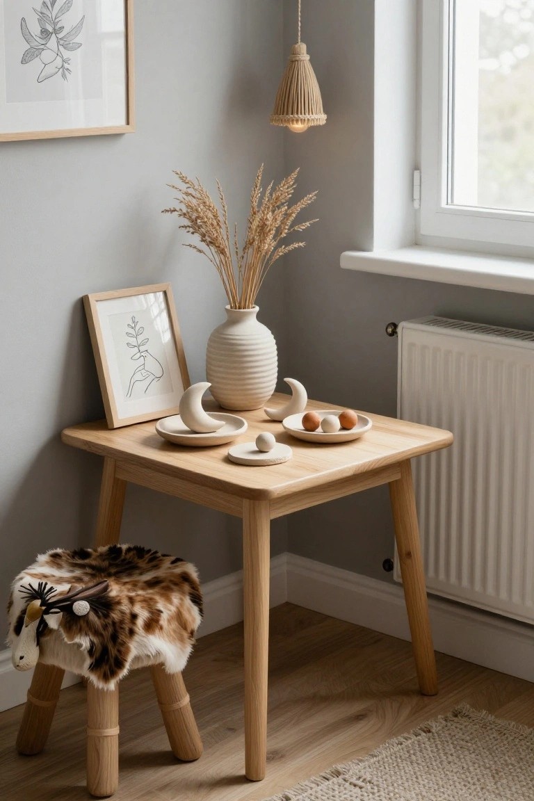Wooden side table in a gray corner room holds white clay crescent moon, plates, spheres, and eggs, with pampas grass in a vase, framed art, pendant light, radiator, and fur-covered animal stool nearby.
