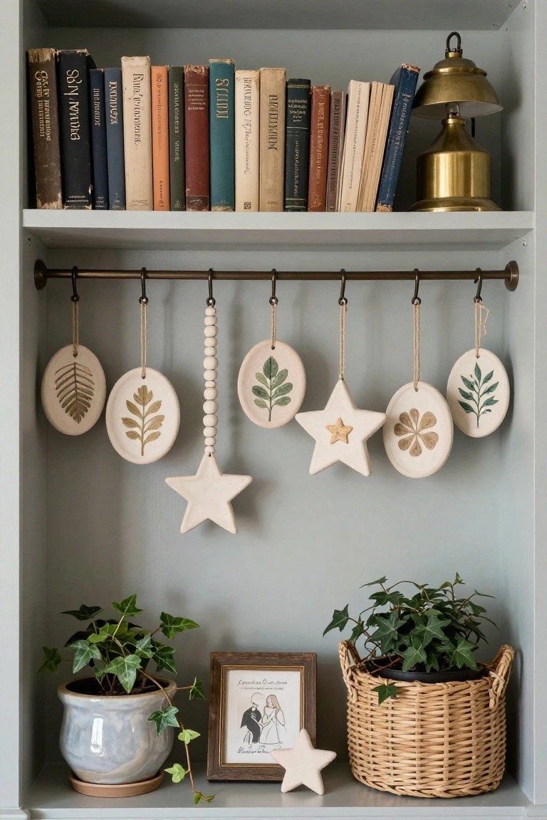Gray open bookshelf with assorted old books on top shelf, brass rod with hanging clay leaf and star ornaments and wooden beads in middle, potted ivy plants, framed picture, and small white star on bottom shelf.