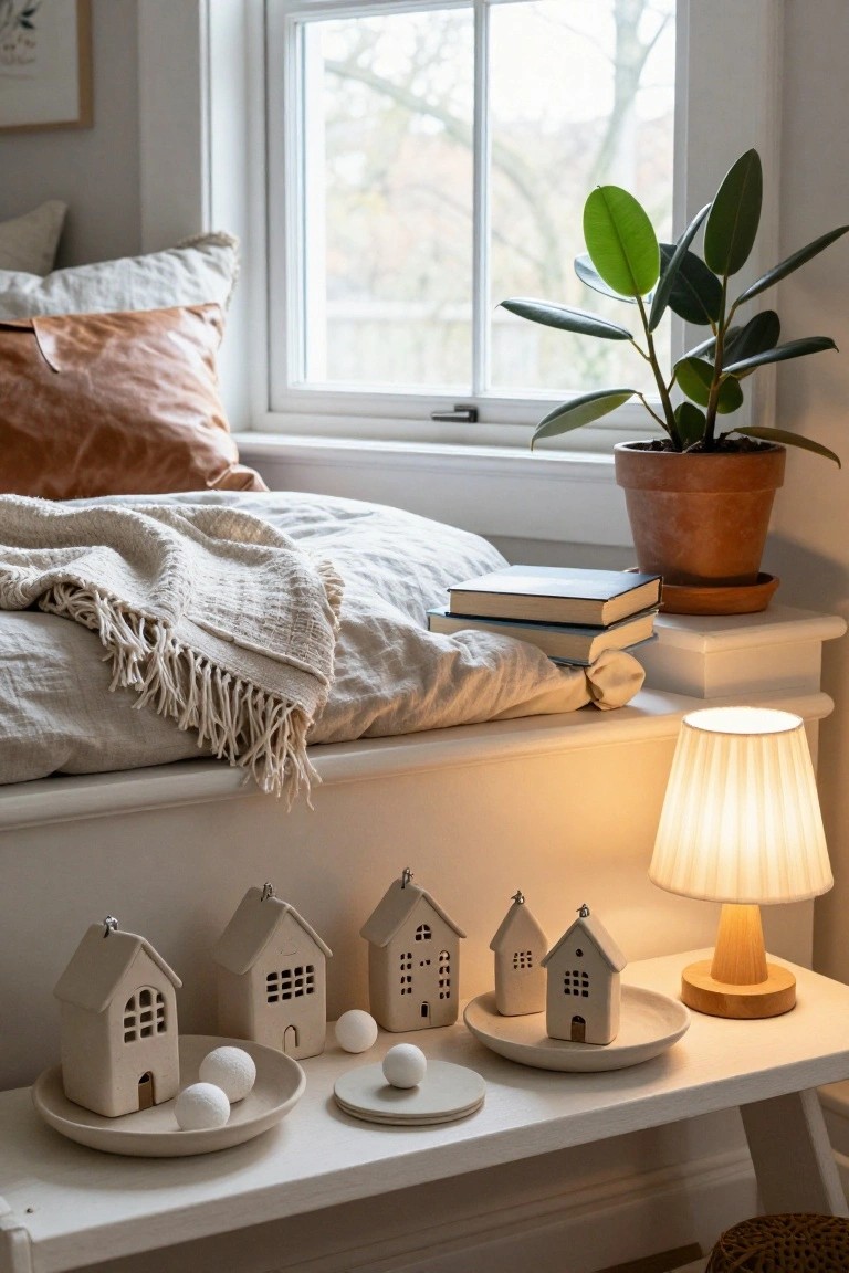 White clay miniature houses with cutout windows sit on plates with white balls on a wooden bench next to a lamp, books, pillows, and a potted plant by a window in a bedroom.