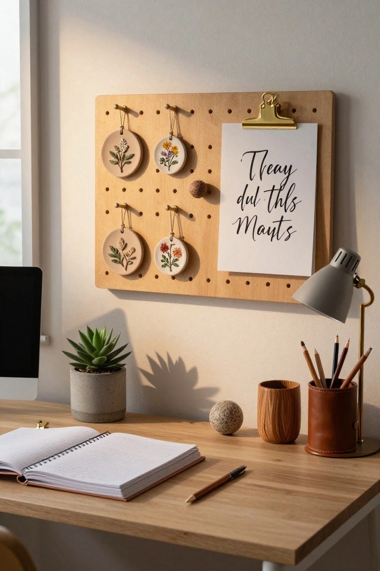 Wooden pegboard on a beige wall with four hanging clay flower ornaments, an acorn magnet, and a gold clip holding a note that reads 