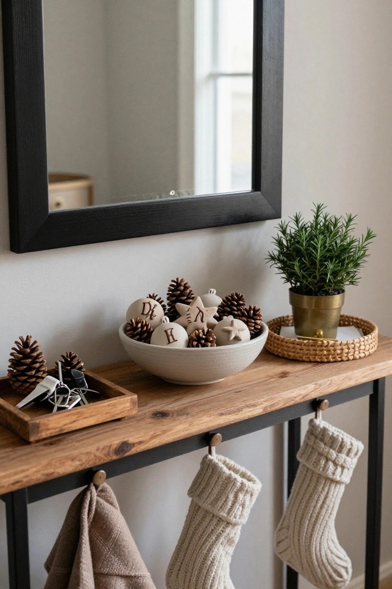 Wooden console table against a wall with black-framed mirror above, holding a white bowl of pinecones and lettered clay ornaments D J H, rosemary plant in brass pot on rattan tray, key tray, and white knitted stockings hanging from metal legs.