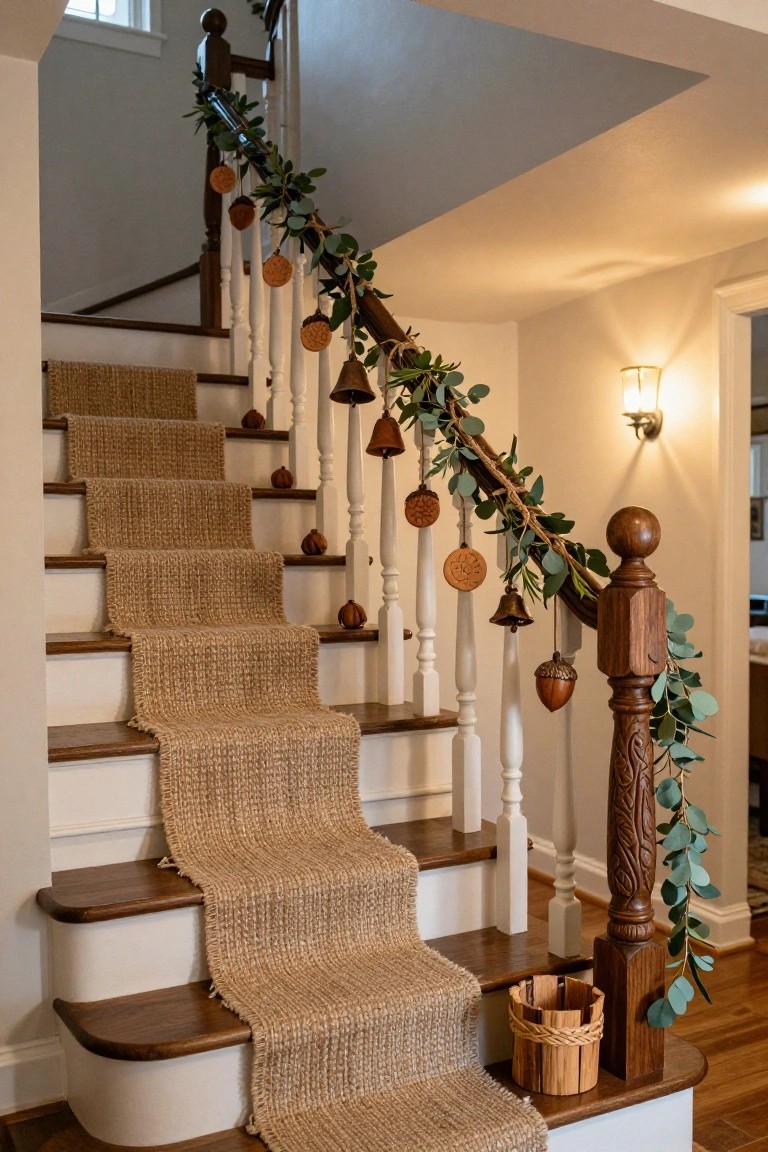 Wooden staircase with white spindles, dark wood railing and treads, beige seagrass runner, decorated with eucalyptus garland and hanging round clay disks, acorns, and bells.