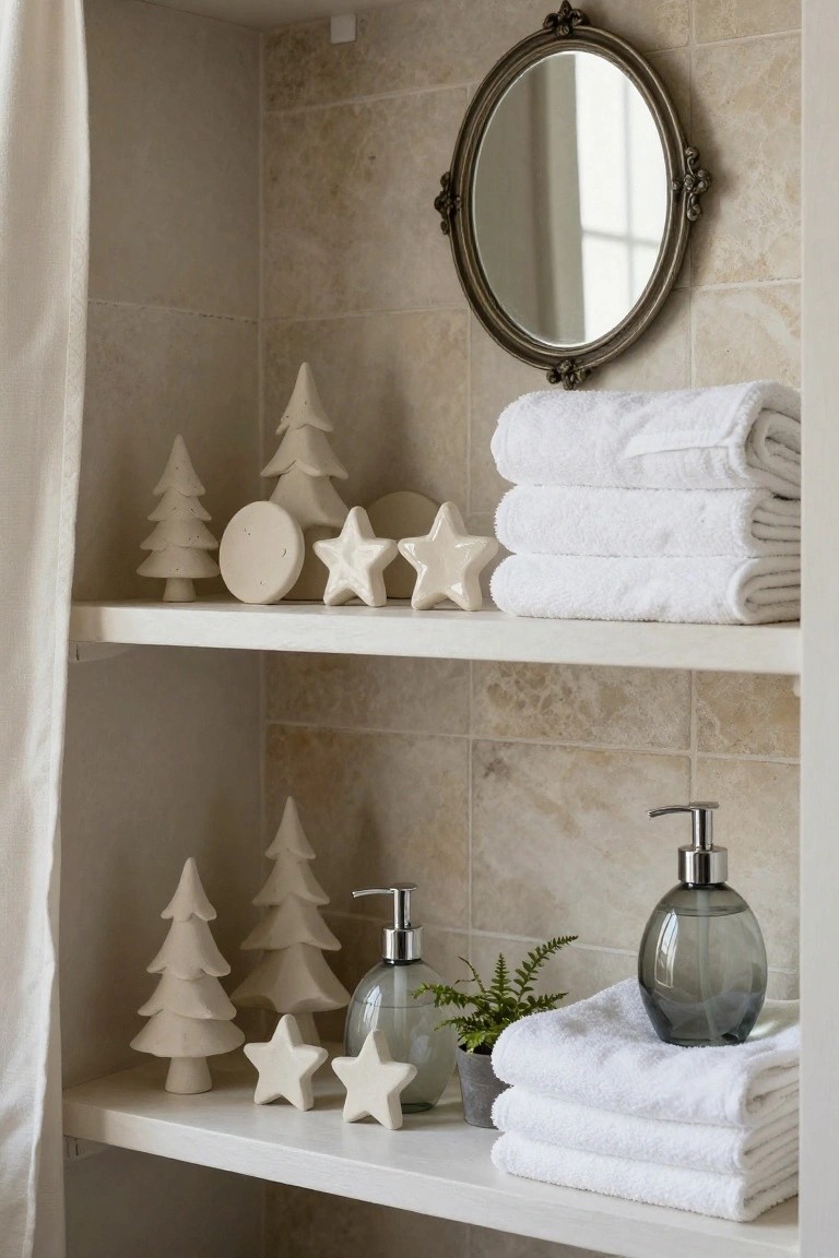 Bathroom open shelving unit displaying multiple white clay Christmas tree and star ornaments alongside stacked white towels, gray glass soap dispensers, a small potted plant, ornate wall mirror, and beige tiled walls with a white shower curtain.