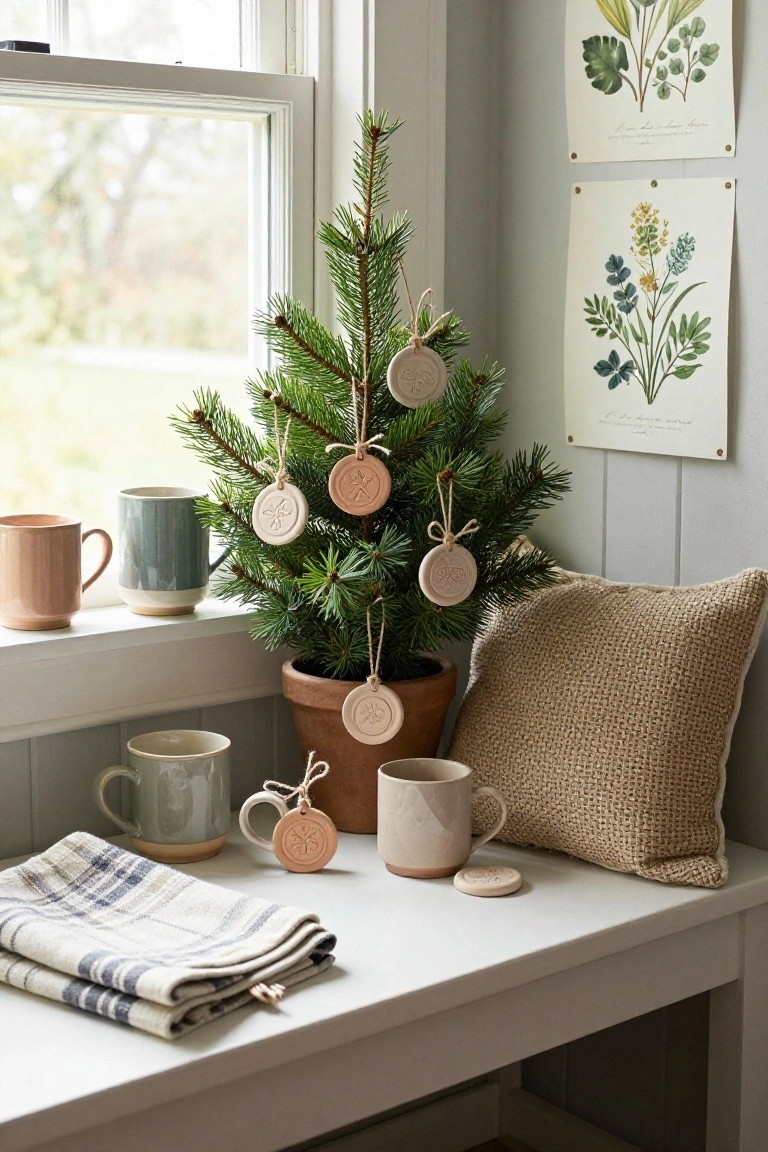 Small potted Christmas tree on a windowsill decorated with round clay ornaments on twine, next to ceramic mugs, a linen towel, a jute pillow, and botanical wall prints in a light room.