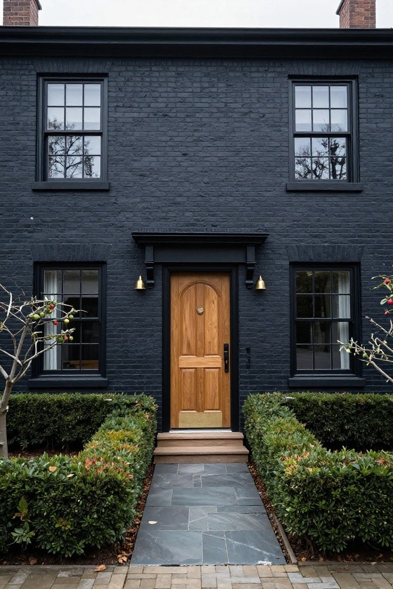 Front view of a two-story colonial house with black-painted brick exterior, black window frames, arched wooden front door with brass knocker and lanterns, slate stone pathway, and low boxwood hedges on either side.