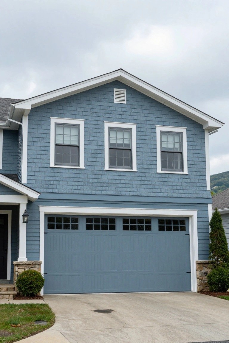 Two-story Colonial house with light blue shake shingle siding, white trim, three upstairs double-hung windows, blue garage door with glass panels, stone accents, driveway, small bushes, and grassy edge.