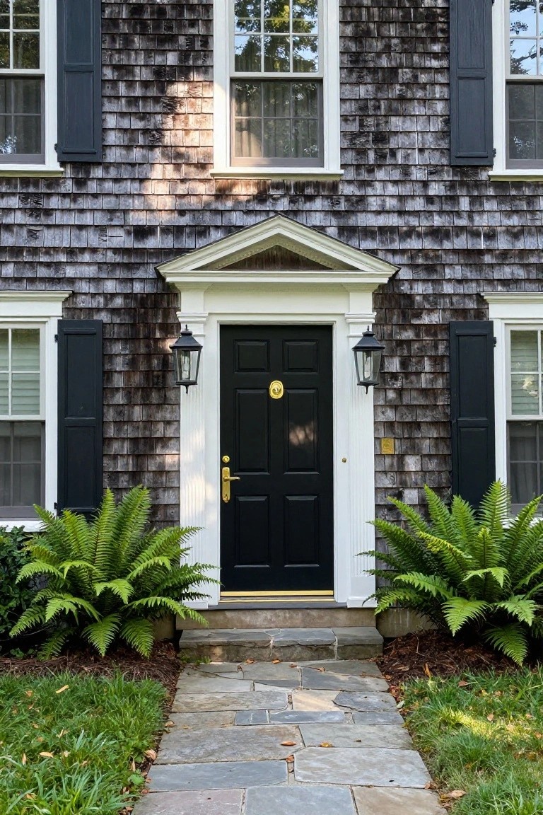 Shingle-clad colonial house exterior with gray siding, white portico framing a black paneled front door with brass knocker and handle, flanked by black lanterns and potted ferns, stone steps and path leading to grass lawn.