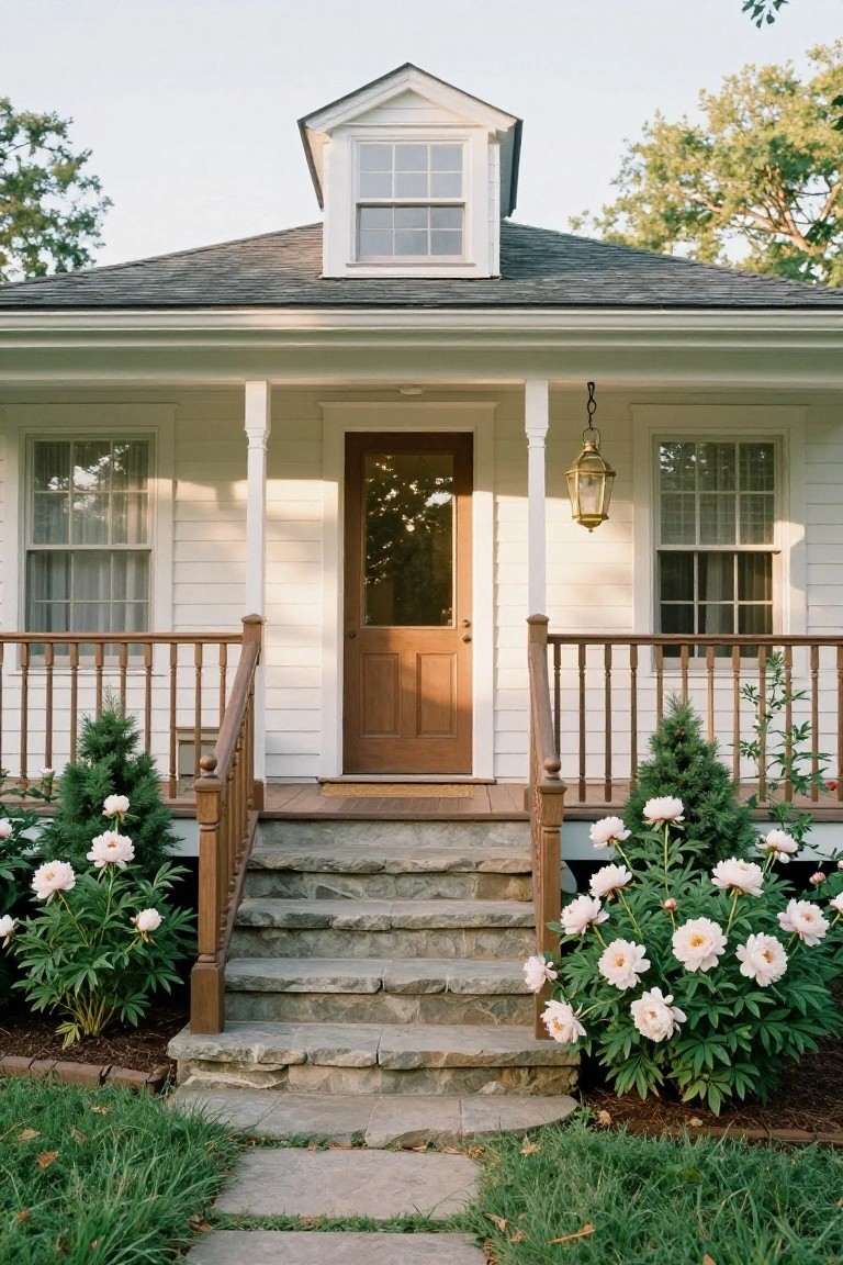 White colonial house with gabled roof dormer, front porch featuring brown wood door, white columns, lantern light, wooden railing, stone steps, flanked by small evergreens and pink peony bushes, leading from a stone path to green lawn.