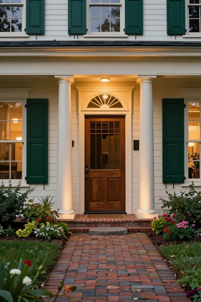 White clapboard colonial house exterior with green shutters, tall white columns supporting a porch, wooden paneled front door with glass insert, brick walkway, and potted flowers along the path.