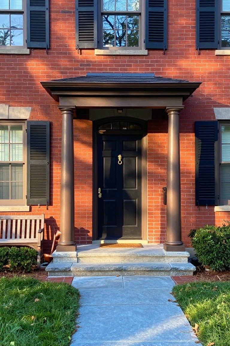 Red brick colonial house exterior with black shutters on multipane windows, fluted columns supporting a portico over a black front door with lion-head knocker, wooden bench to the side, stone steps, and bluestone walkway.