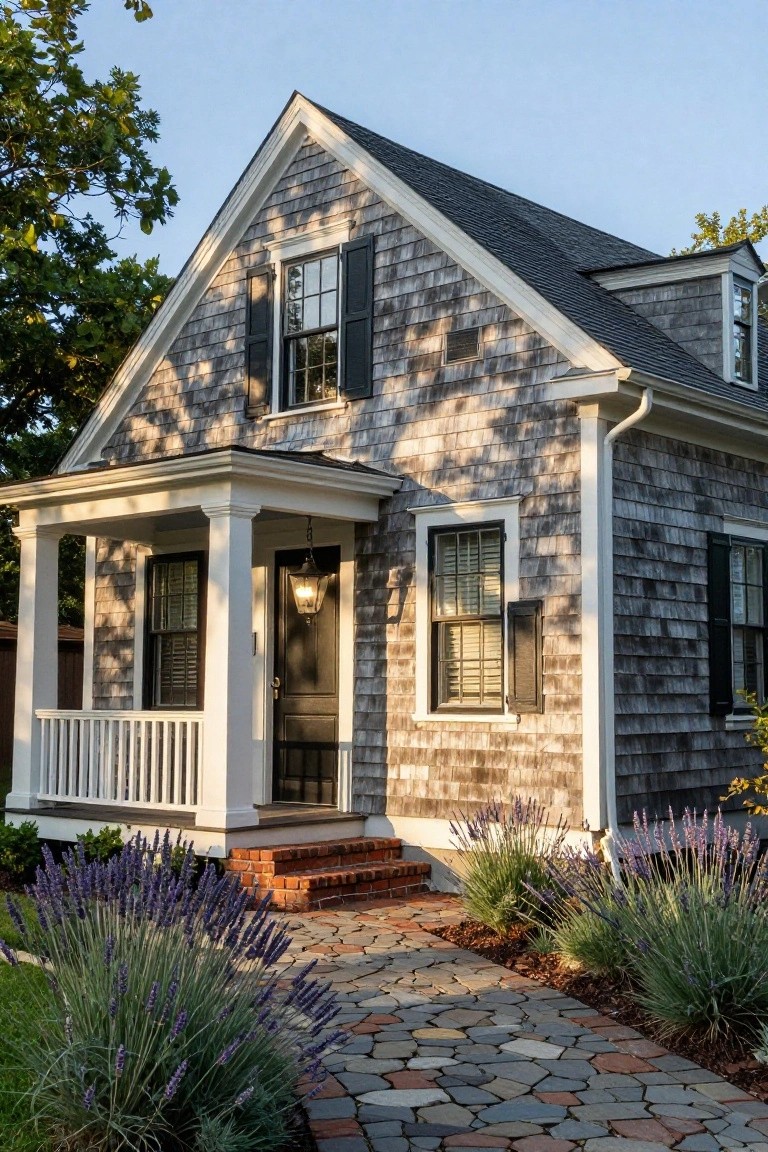 Gray shingle-clad colonial house with gabled roof, white front porch supported by columns, black front door, and lavender plants bordering a stone walkway.