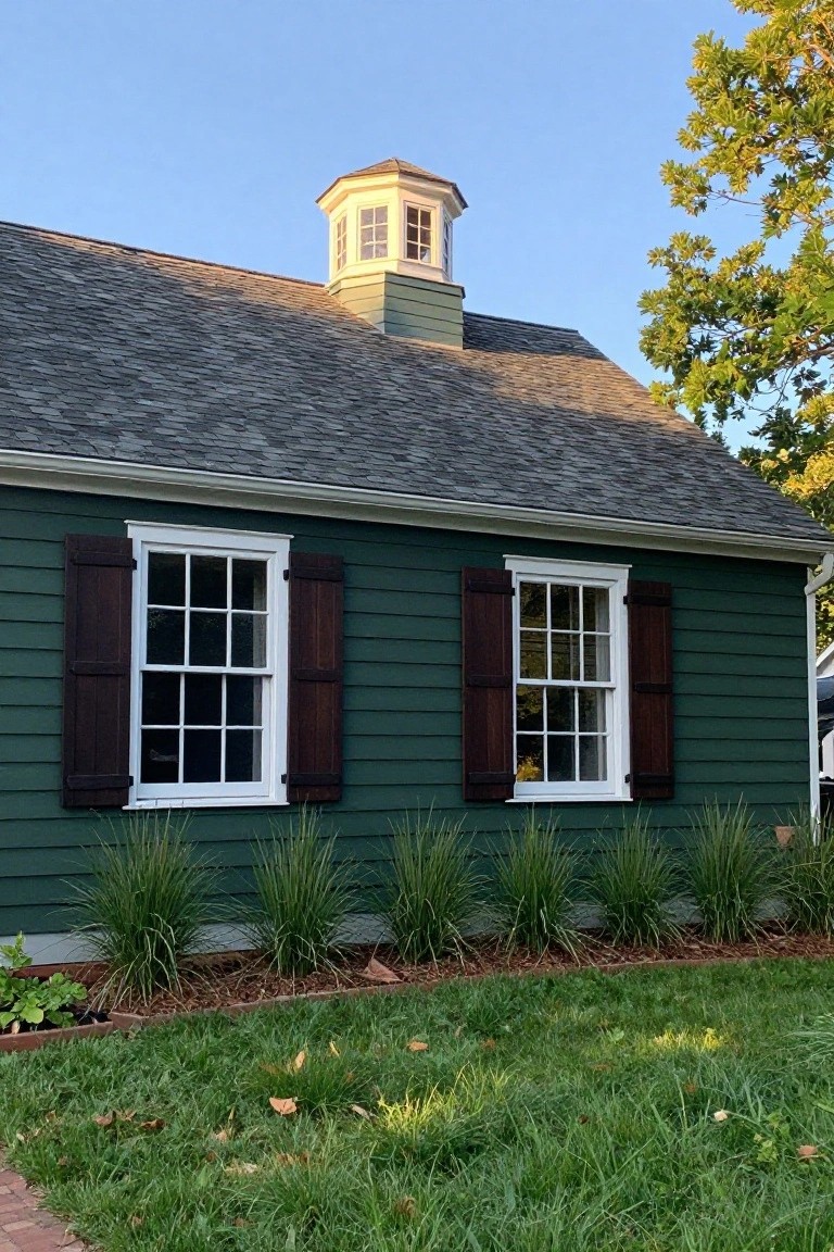 Side view of dark green clapboard garage with gray shingle roof, white octagonal cupola, two white double-hung windows with brown louvered shutters, ornamental grasses, and lawn in front.