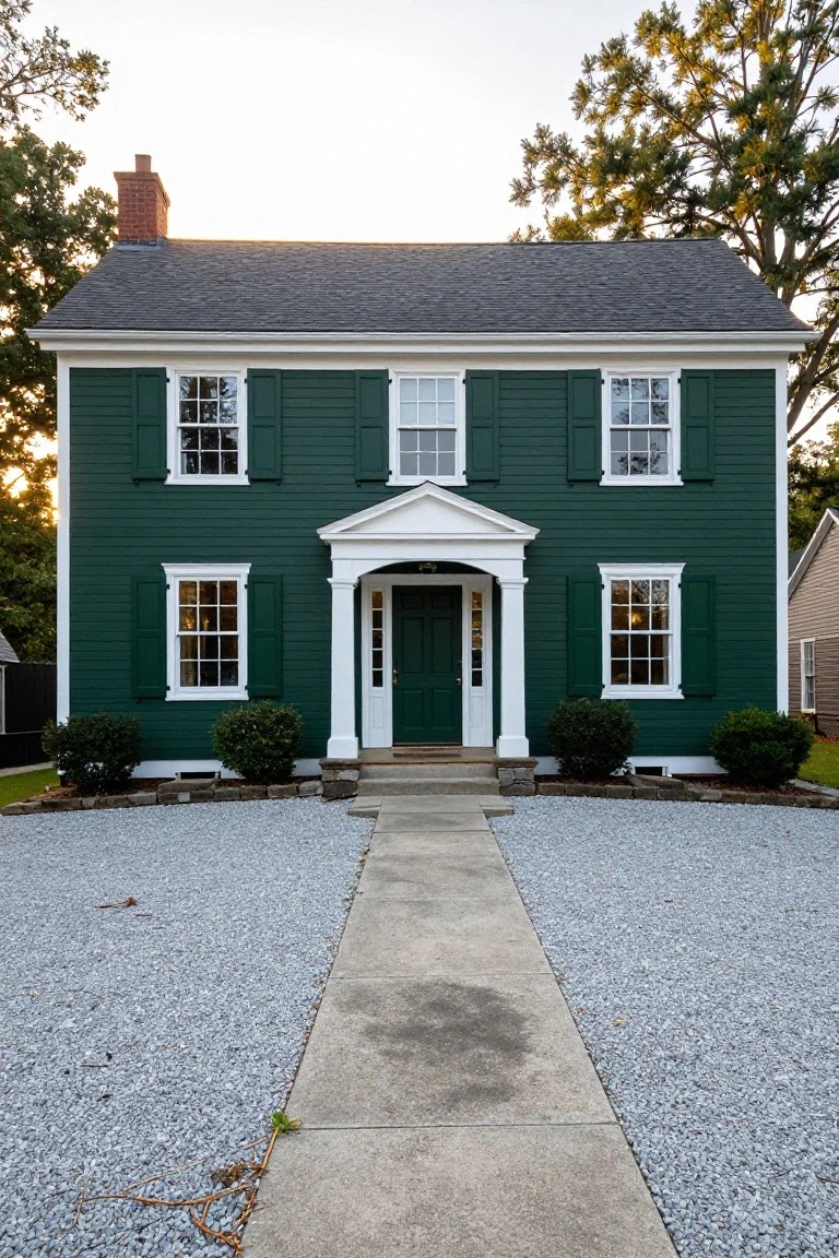 Two-story colonial house with dark green clapboard siding, white trim, green shutters, and a central dark green front door under a white pedimented portico, set against a gravel driveway with shrubs on the sides.