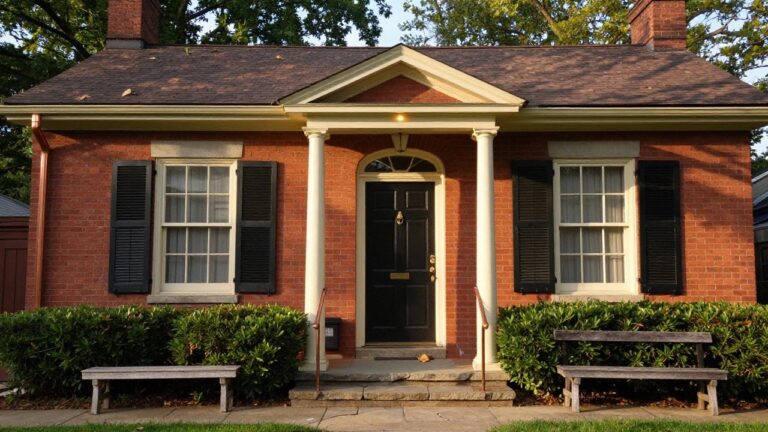 Red brick colonial house exterior with black shutters on multipane windows, fluted columns supporting a portico over a black front door with lion-head knocker, wooden bench to the side, stone steps, and bluestone walkway.