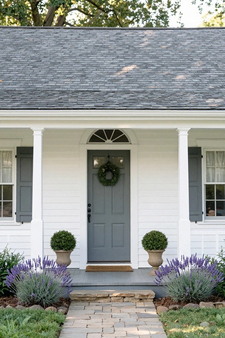 White colonial house exterior with gray front door centered on a porch supported by columns, flanked by potted boxwood shrubs and lavender plants, with a stone path leading up.