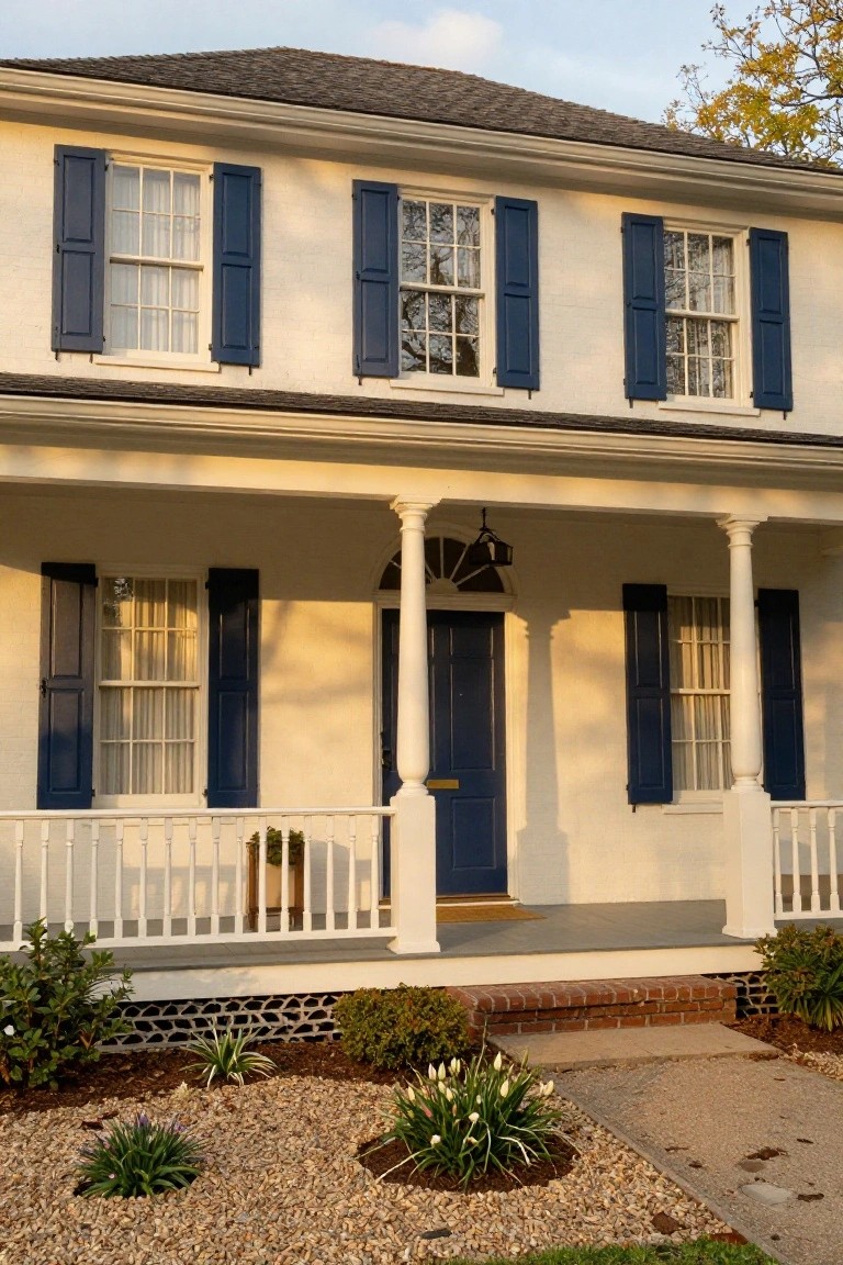 Two-story colonial-style house with cream siding, navy blue shutters on multi-pane windows, navy front door under a columned porch, brick steps, and gravel yard with low plants.