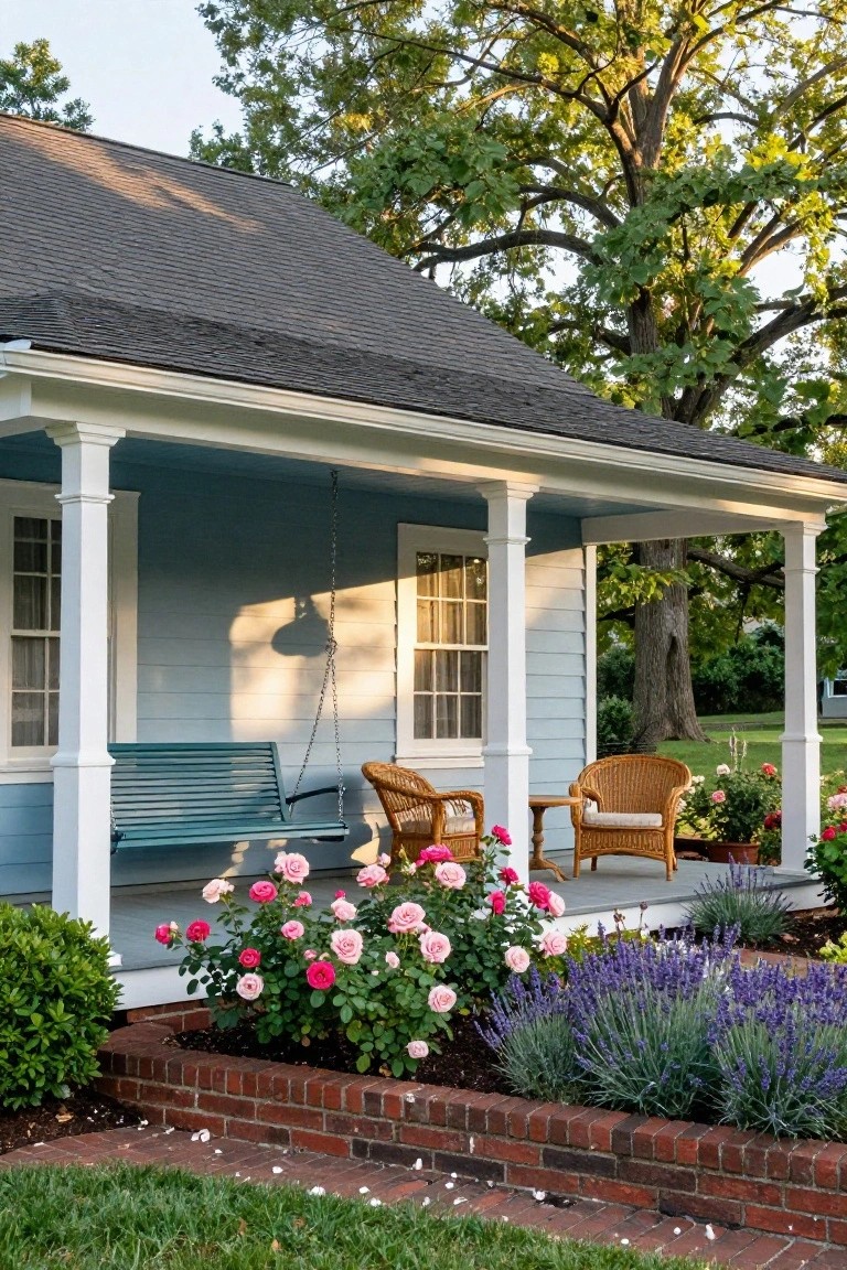 Light blue clapboard house with white porch columns and railing, featuring a turquoise porch swing, two wicker armchairs, a side table, potted plants, rose and lavender flower beds edged in brick, and a large tree nearby.