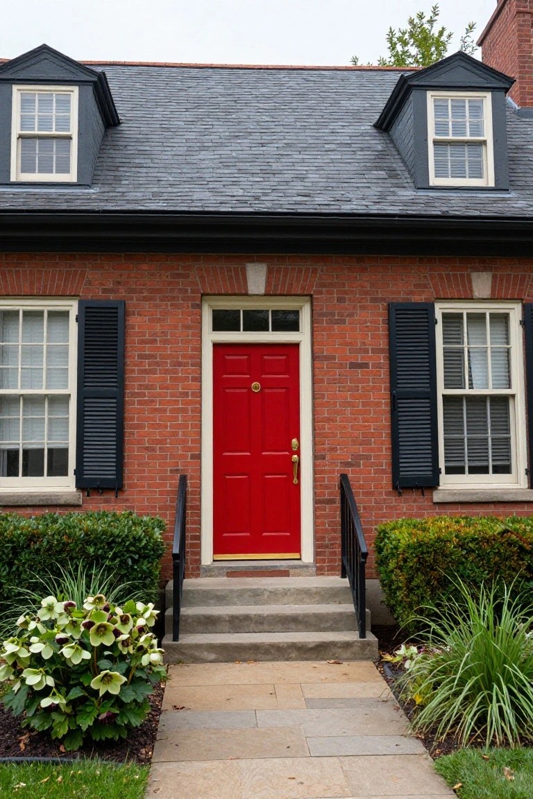 Red brick colonial house exterior with dormer windows, black shutters on white-framed windows, bright red front door with gold knocker, black metal railing on concrete steps, and shrubs including hellebores along the front path.