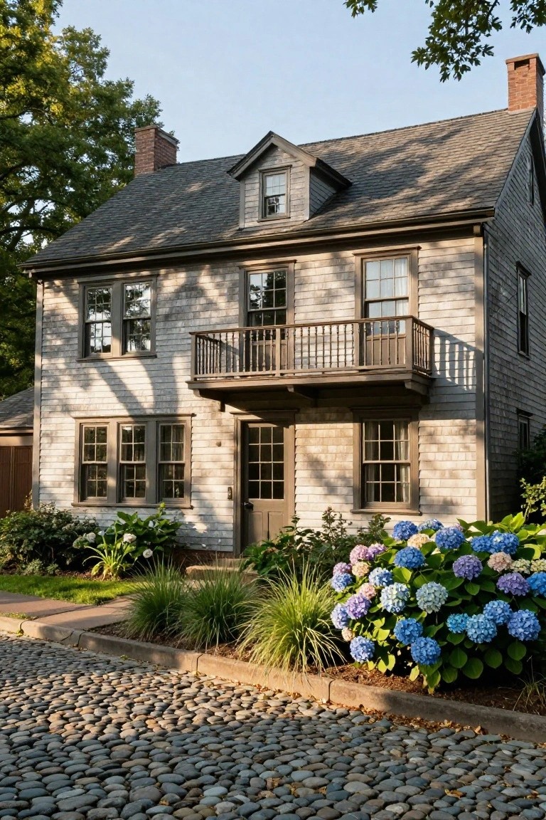 Two-story gray shingled colonial house with gabled roof, upper balcony, multiple windows, front door, hydrangea bushes, ornamental grasses, and cobblestone path in front yard.
