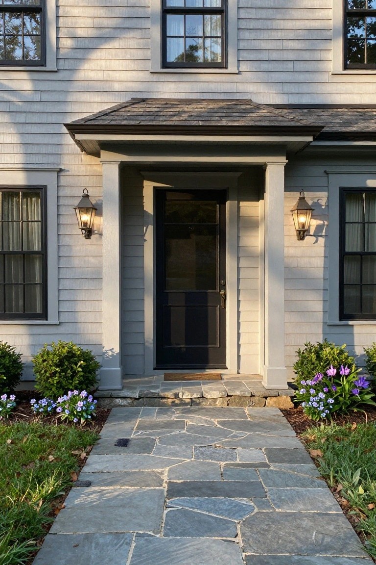 Gray shingle colonial house exterior featuring a covered portico with black front door, flanked by lanterns and windows, boxwood shrubs, purple flowers, and a flagstone walkway.