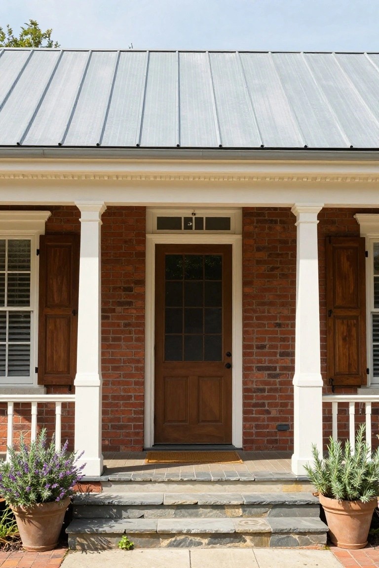 Front exterior of a brick house with white columns supporting a porch roof, wooden screen door centered between windows with wood shutters, flanked by potted lavender plants on stone steps leading to a slate entry platform.