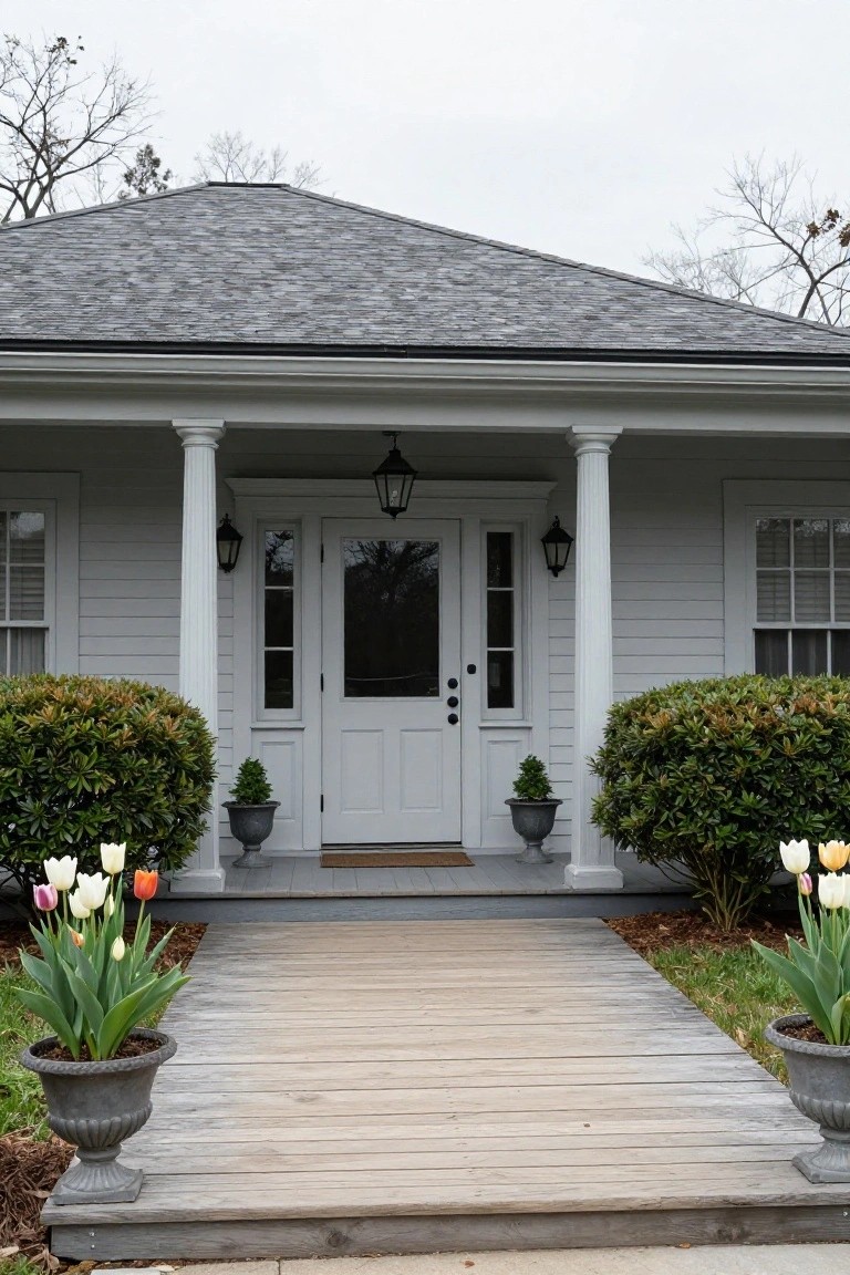 White clapboard house with gray shingle gable roof and columned front porch, featuring glass-paneled double doors, side lanterns, boxwood shrubs, and urns of tulips flanking a weathered wooden walkway.