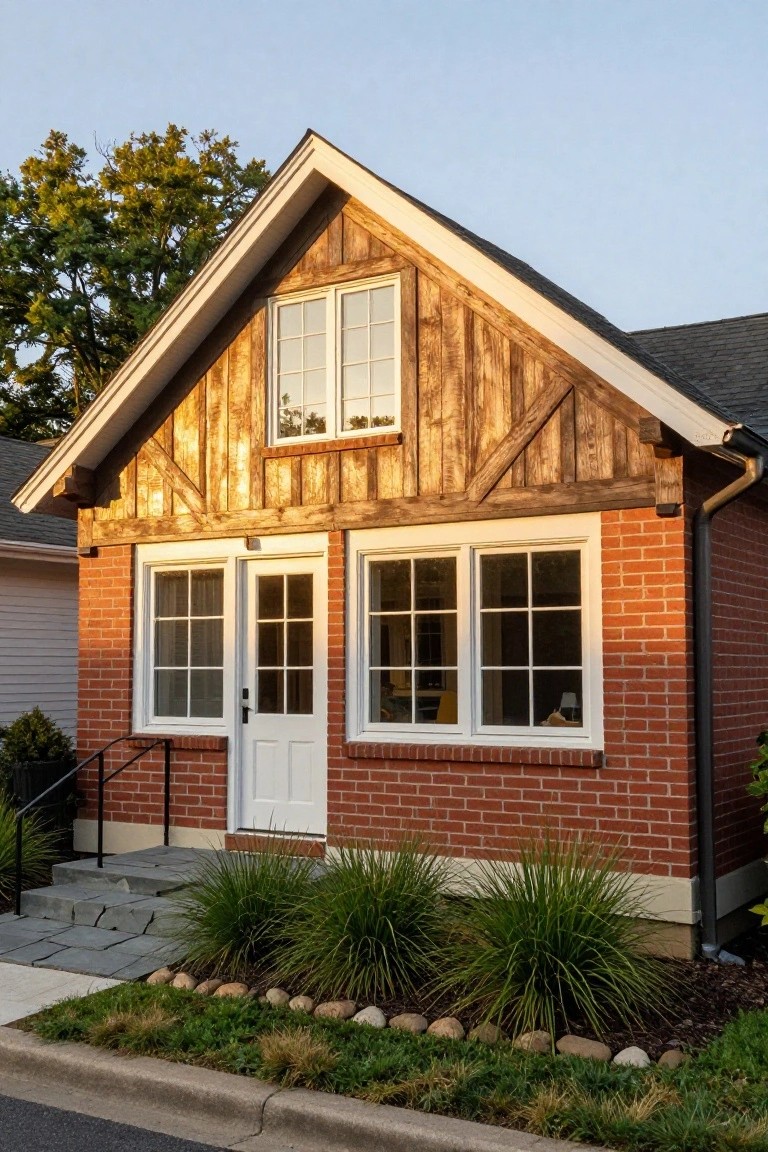 Front view of a brick colonial house with wooden timber accents on the gable, double windows flanking a white door, metal railing on steps, and low grasses with rocks in the front yard.
