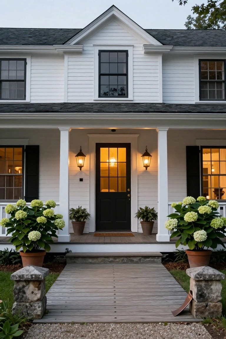 White clapboard colonial house exterior featuring black front door with glass panels, black-framed windows and shutters, lit porch lanterns, potted hydrangeas flanking the entry, wooden porch, and boardwalk path.