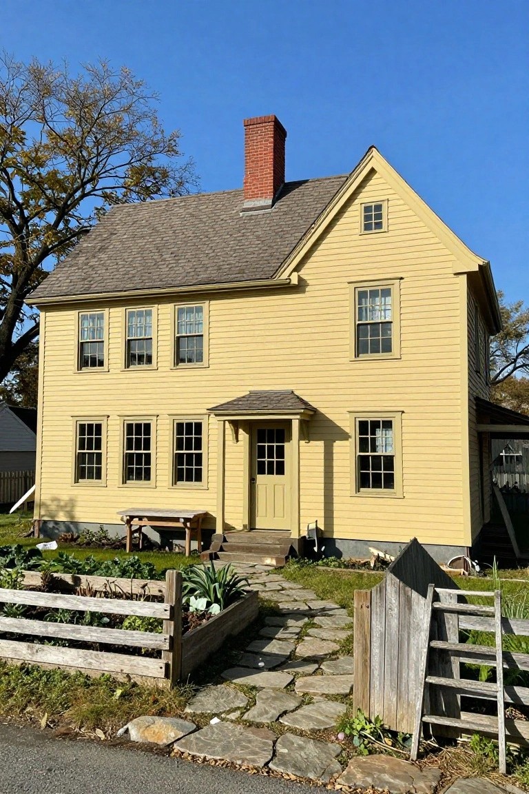 Two-story yellow clapboard colonial house with asymmetrical gabled roof, brick chimney, multiple double-hung windows, small entry porch with green door, stone path, raised wooden garden beds, and wooden fence in front yard on a clear day.