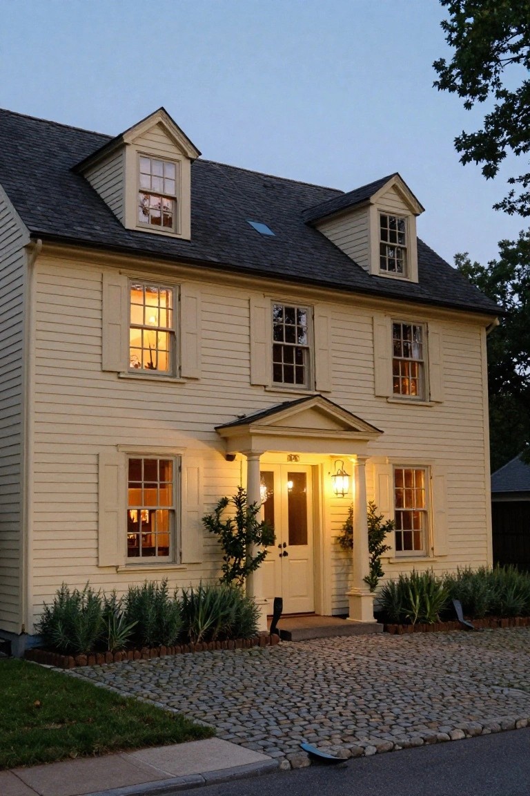 Two-story pale yellow clapboard house with gabled dormers, multiple lit windows, centered front porch with columns and lanterns, boxwood shrubs, and cobblestone driveway at dusk.