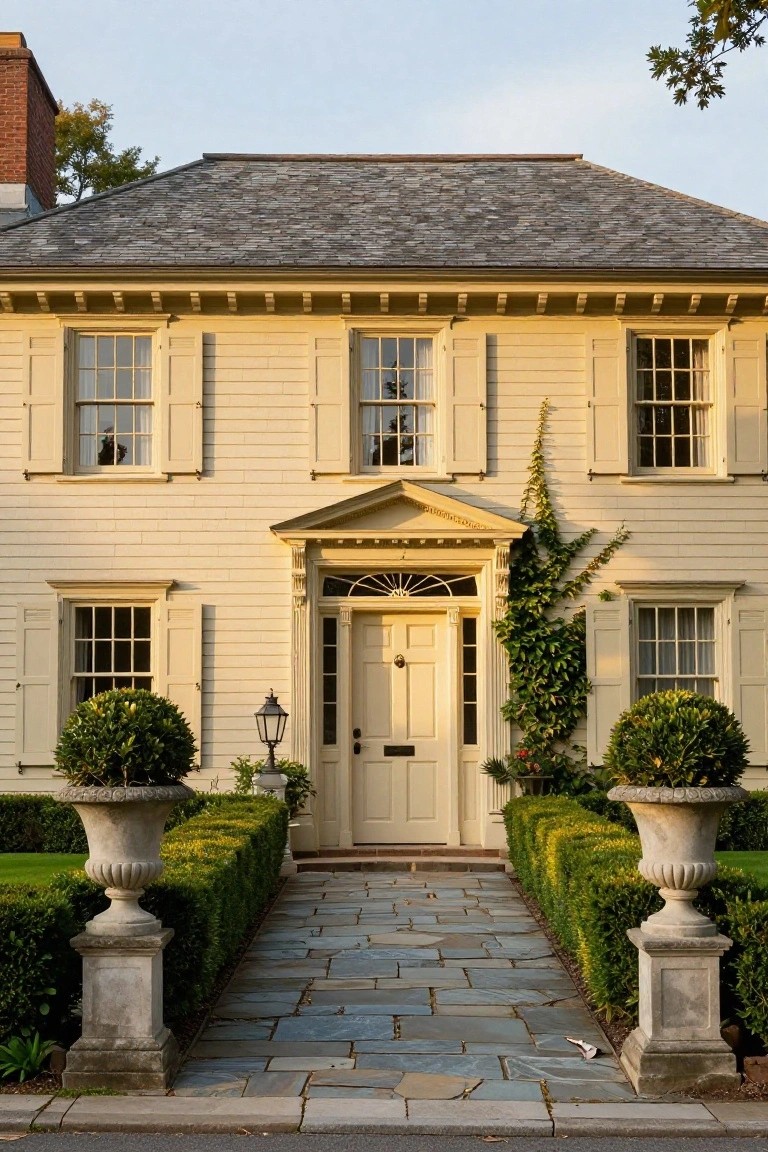 Pale yellow clapboard two-story colonial house with central pedimented entry door featuring fanlight transom and sidelights, flanked by multi-pane windows with shutters, ivy climbing one side, boxwood topiaries in stone urns, and low boxwood hedges lining a slate stone pathway to the street.
