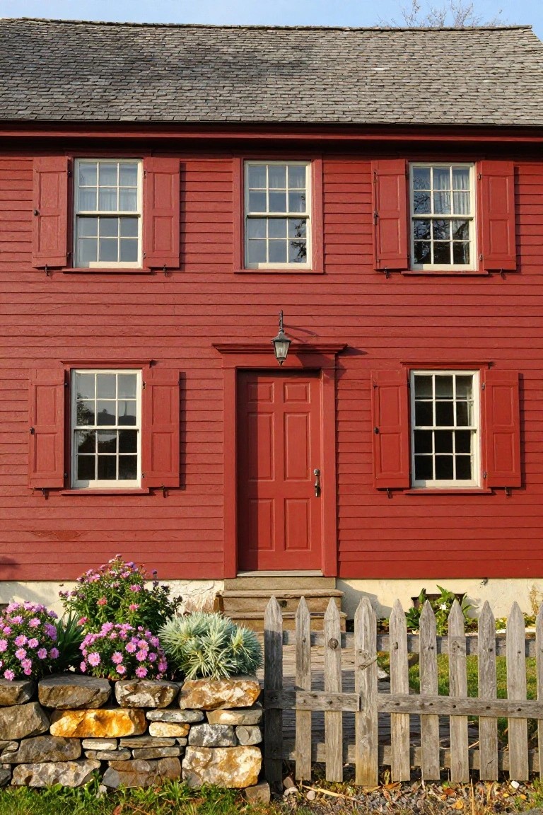 A two-story red clapboard colonial house with green shutters on multi-pane windows, a red front door with lantern light, short steps, picket fence, stone wall, and flowers in the front yard.