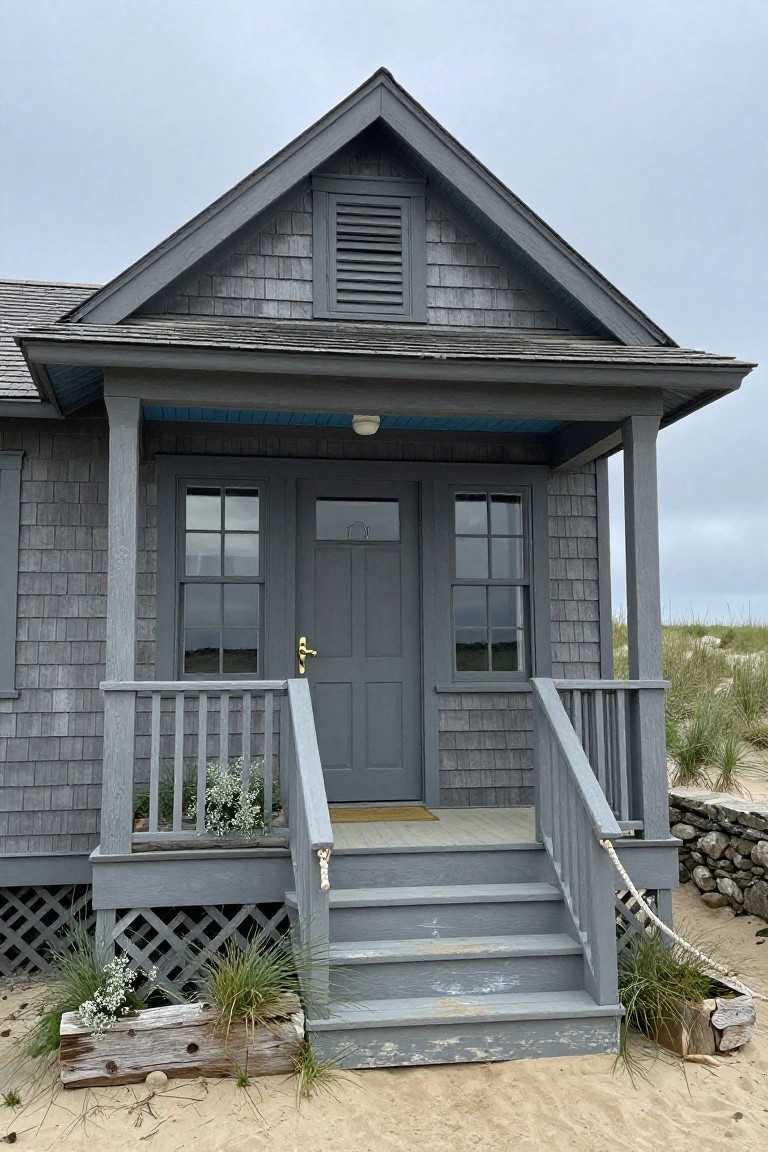 Gray shingled house exterior with gabled roof, covered porch featuring blue ceiling and wood steps, flanked by beach grass and sand dunes.
