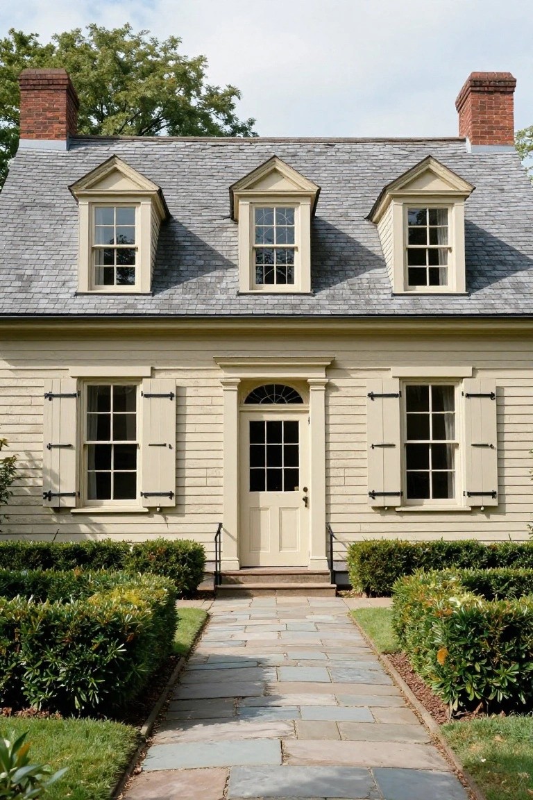 Yellow clapboard colonial house with symmetrical double-hung windows, black shutters, central glass door with fanlight, two dormers, slate roof, brick chimneys, boxwood hedges, and slate stone entry path.