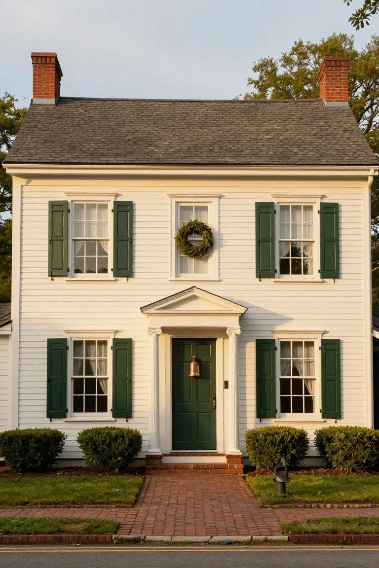 Two-story white colonial house with green door, shutters, and brick chimneys.