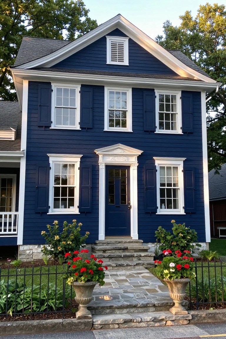 Two-story colonial house with navy blue clapboard siding, white trim and shutters, multi-pane windows, central black front door under white pediment, stone entry steps flanked by potted red geraniums and green plants, black iron fence, and surrounding landscaping.