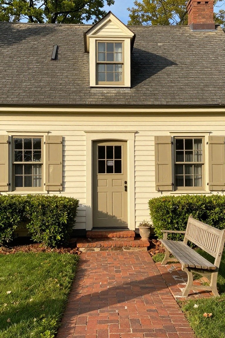 Colonial house exterior with pale yellow clapboard siding, olive green front door and shutters, shingled roof with dormer window, brick walkway, boxwood shrubs, potted plant, wooden bench, and grass lawn.