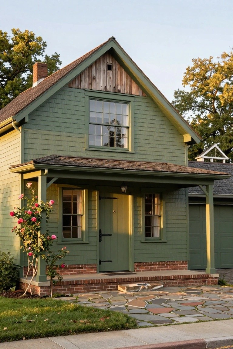 A two-story green clapboard house with gabled roof, front porch, multi-pane windows, brick foundation steps, rose bush, stone pathway, lawn, and attached green garage beside a street.