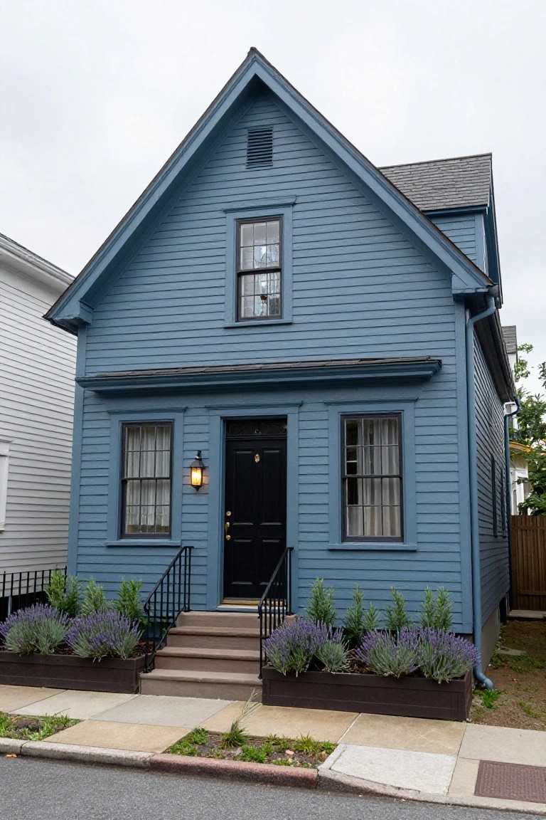 A two-story blue clapboard house with gabled roof, black front door, multi-pane windows, iron railing on steps, lavender plants in wooden planters, next to a white house on a paved street.