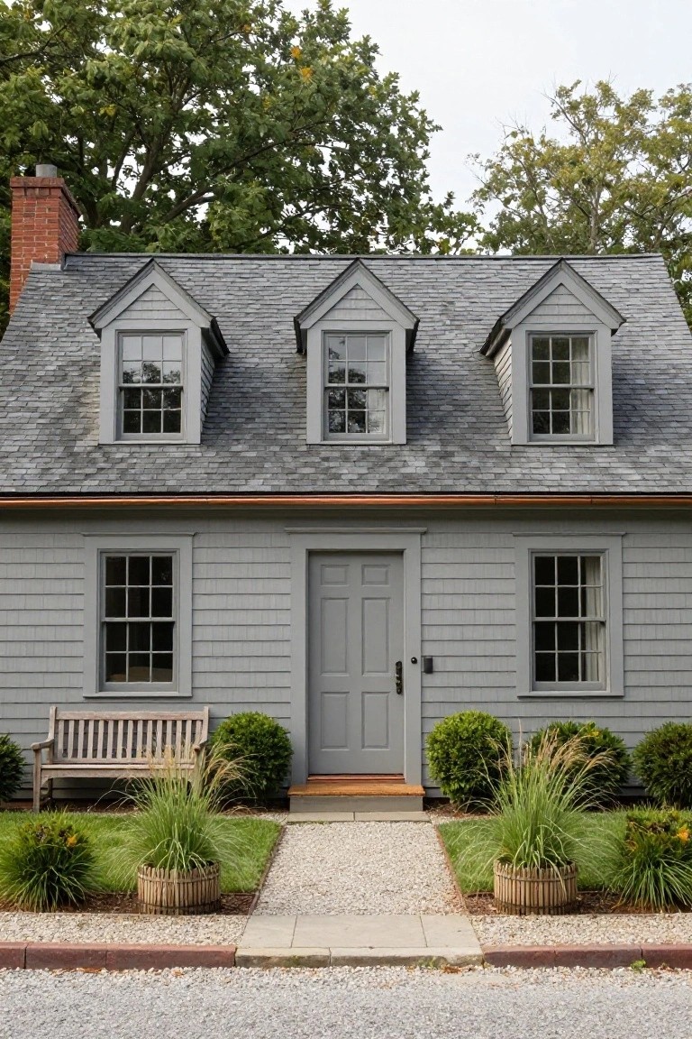 Gray cottage with dormer windows, front door, bench, and gravel path.