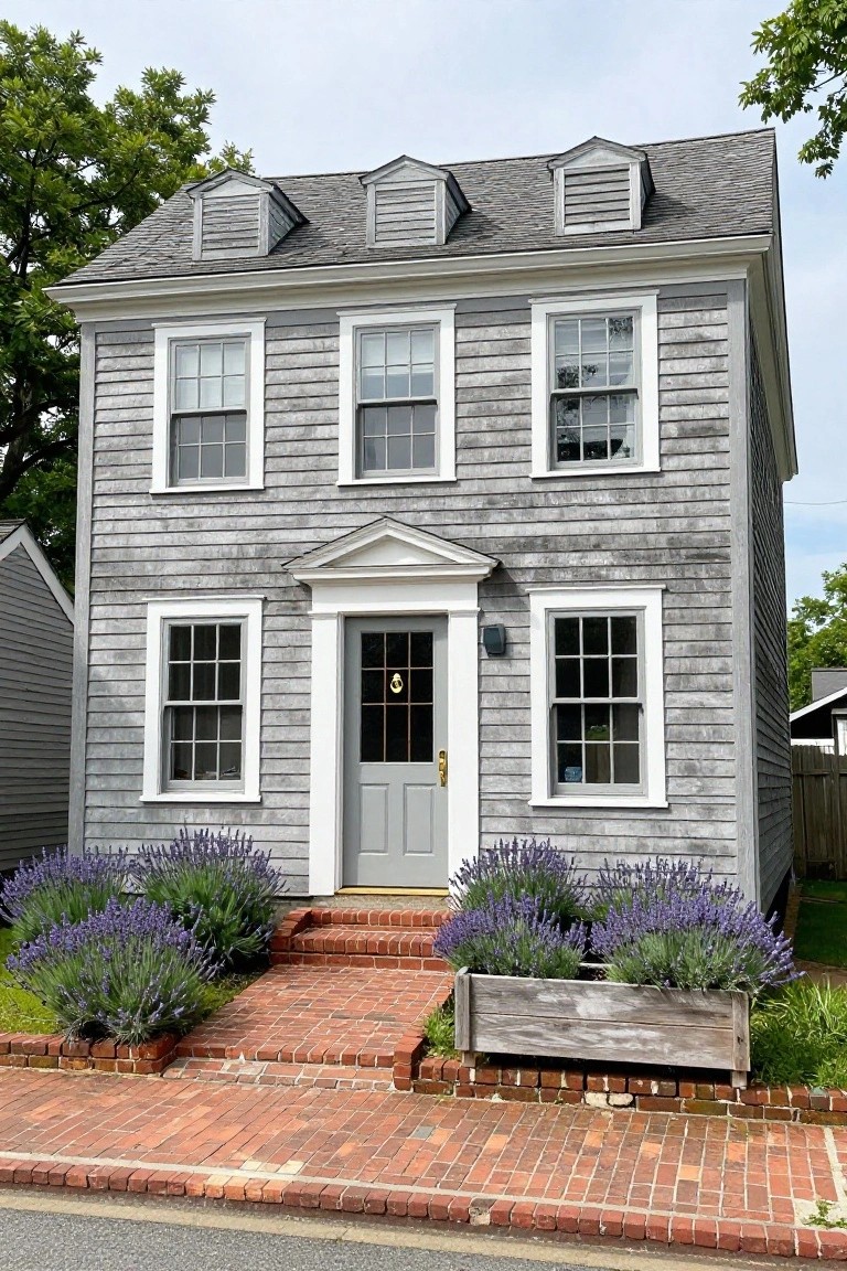 Two-story gray clapboard colonial house with white trim, dormer windows, central gray door with fanlight, brick entry steps, lavender plantings, and adjacent buildings.