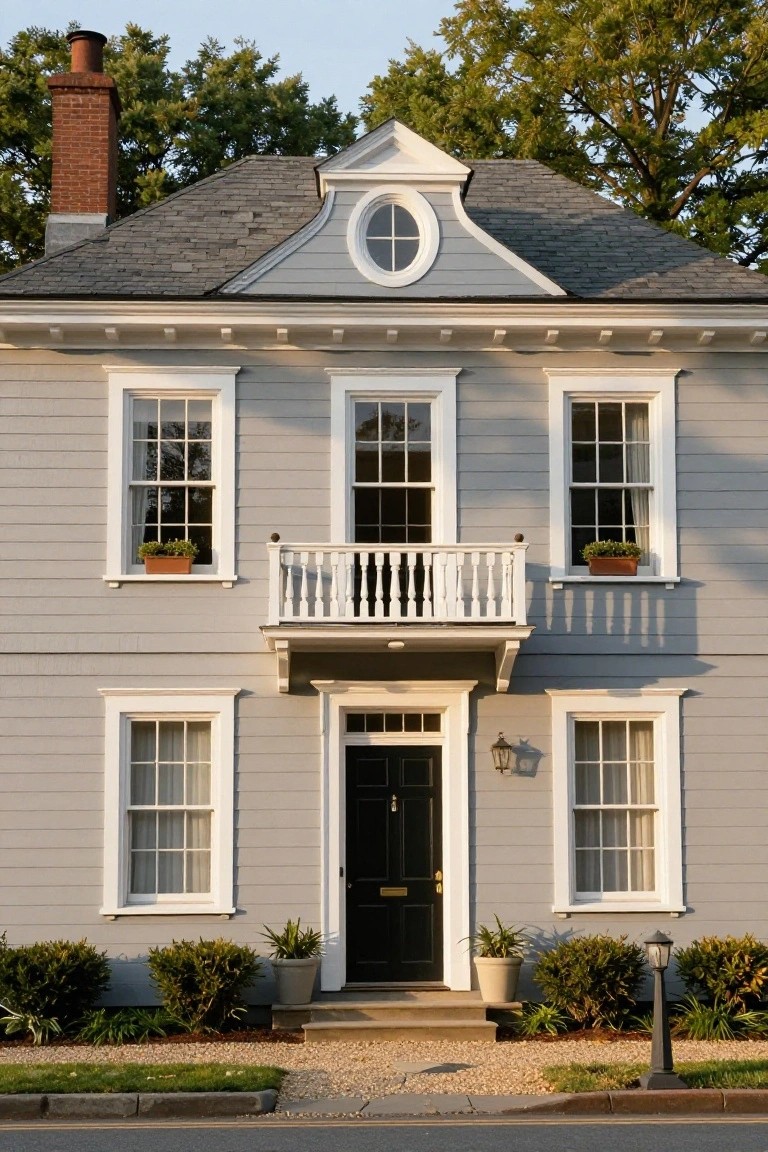 Two-story light gray clapboard house with white window trim, symmetrical multi-pane windows, central black front door under a small white balcony, round window in gable, brick chimney, potted plants on windowsills, shrubs and gravel path in front yard.