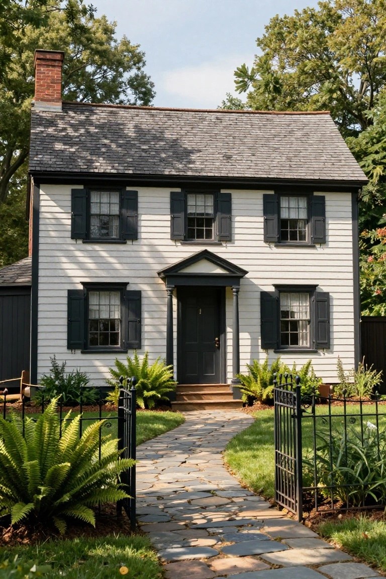 Two-story white colonial house with dark shutters and stone path.