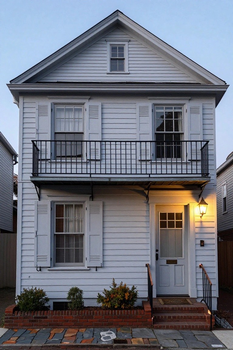 Two-story white clapboard house with black wrought-iron balcony on the upper right, front entry door with steps and matching railings, lantern light, shutters, and brick-edged plant beds on a stone pathway.