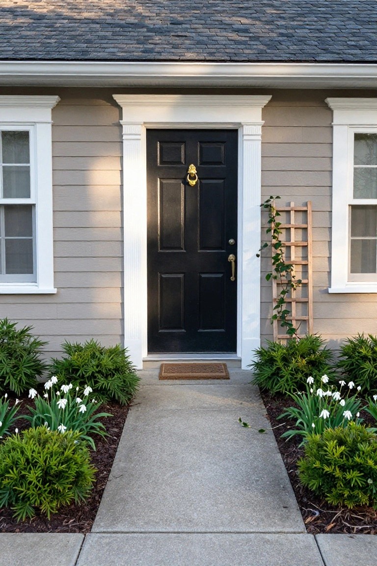 Front exterior of a house with light gray siding, white trim and columns framing a black door with brass knocker, concrete walkway, shrubs, and white flowers in garden beds.