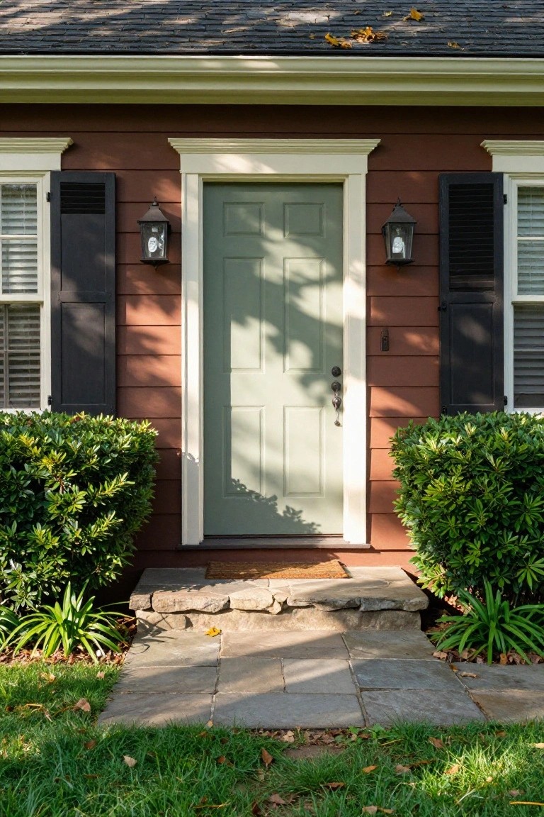 Front view of a Colonial-style house featuring red clapboard siding, a sage green paneled front door with brass hardware, white trim and pediment, black shutters on white-framed windows, lanterns, stone steps, and boxwood shrubs.