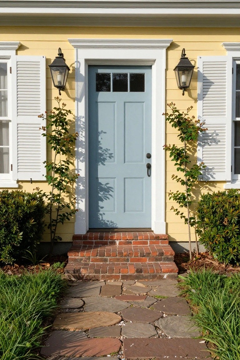 Colonial house exterior featuring pale yellow siding, turquoise blue front door with glass panels, white shutters on flanked windows, black lanterns, climbing rose vines, brick entry steps, and a flagstone path through grass.